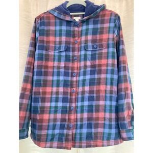 LLBean Plaid Flannel Lined Hooded Shirt Jacket Men's Medium Blue Pink Green